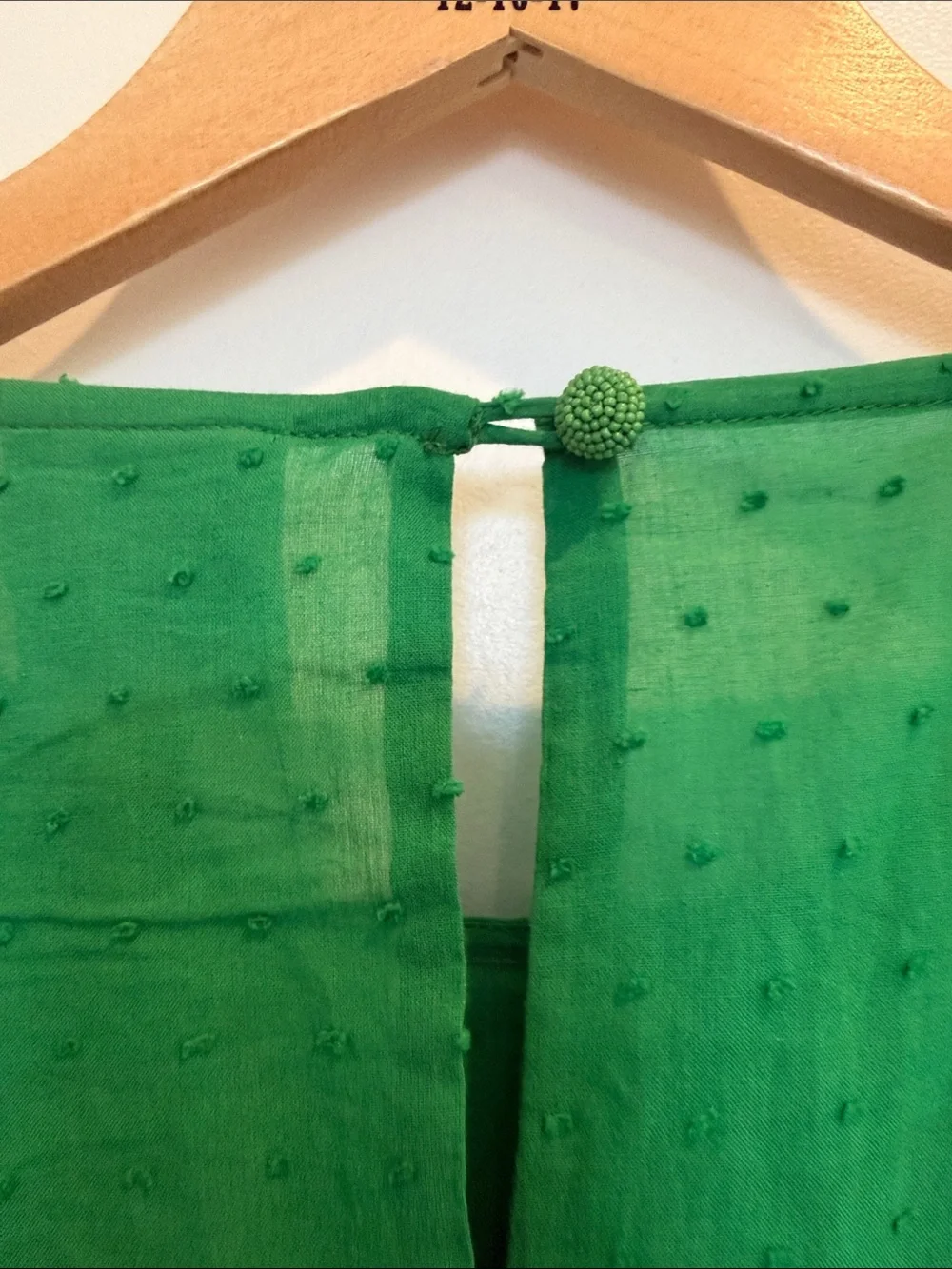 FARM Rio Emerald Green Puff-Sleeve Swiss Dot Blouse